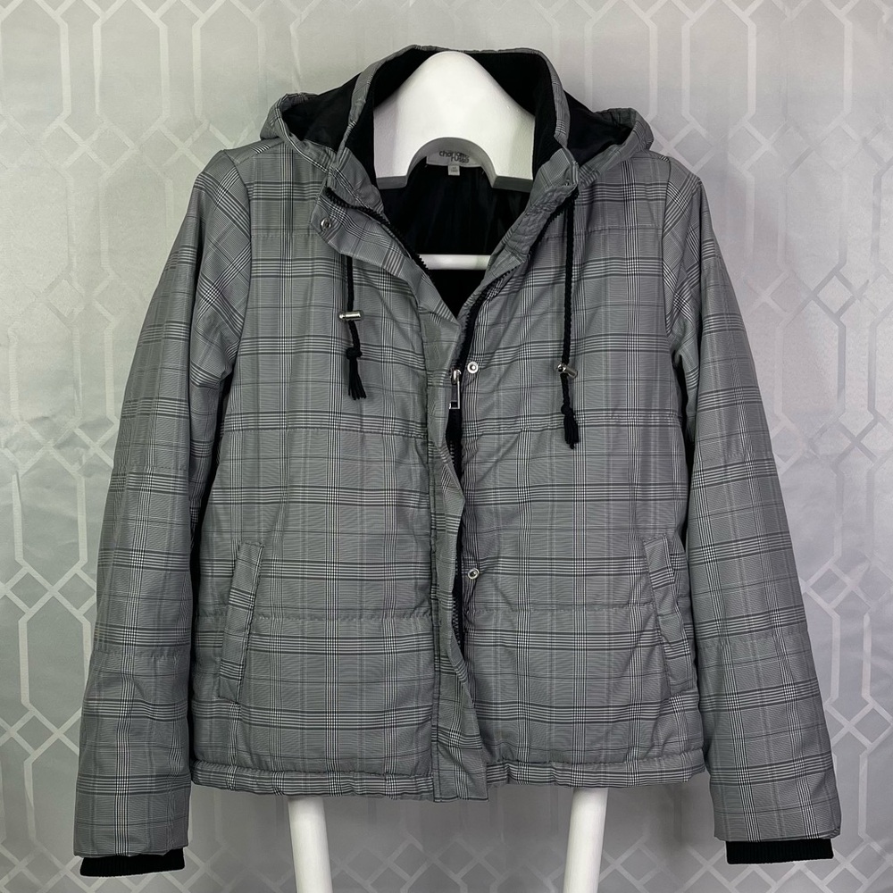 Charlotte Russe Glen Plaid Hooded Puffer Anorak Jacket Black & Gray Size M